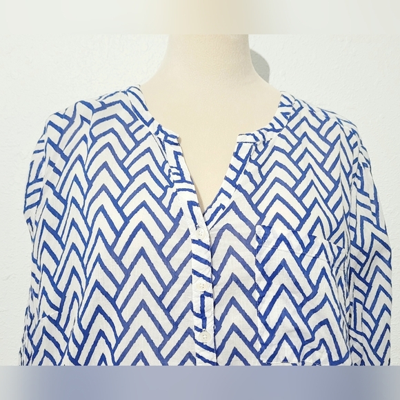 St. John’s Bay 1X Blue White Chevron Print Cotton Tunic Blouse Tie Sleeve Boho - Picture 2 of 13